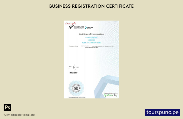 Plantilla de certificado de registro de Nueva Zelanda lista para imprimir
